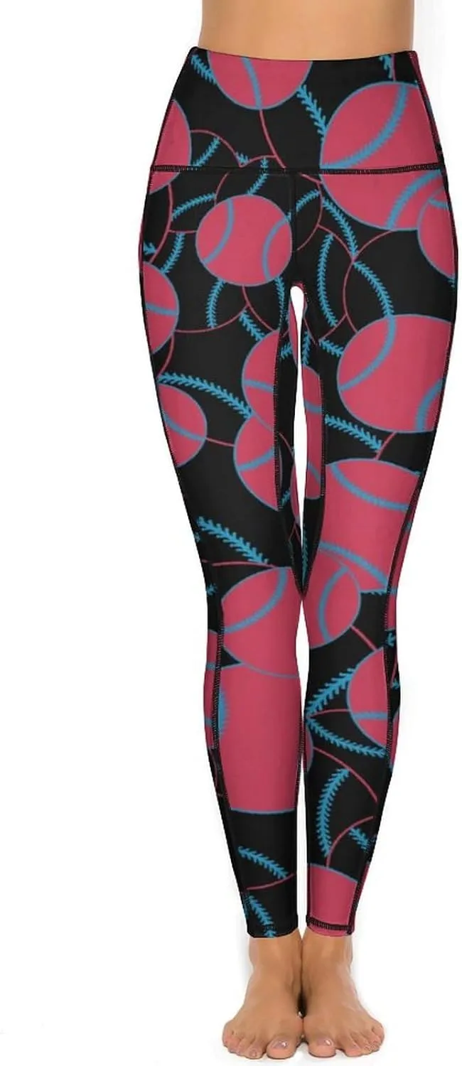 Women's Baseball High Waist Yoga Leggings with 2 Pockets Tummy Control Workout Yoga Pants