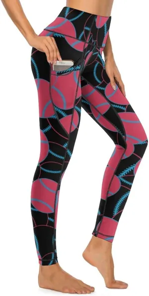 Women's Baseball High Waist Yoga Leggings with 2 Pockets Tummy Control Workout Yoga Pants