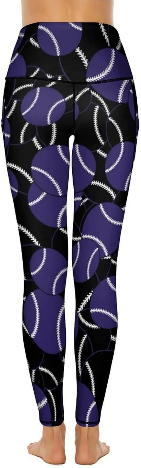 Women's Baseball High Waist Yoga Leggings with 2 Pockets Tummy Control Workout Yoga Pants