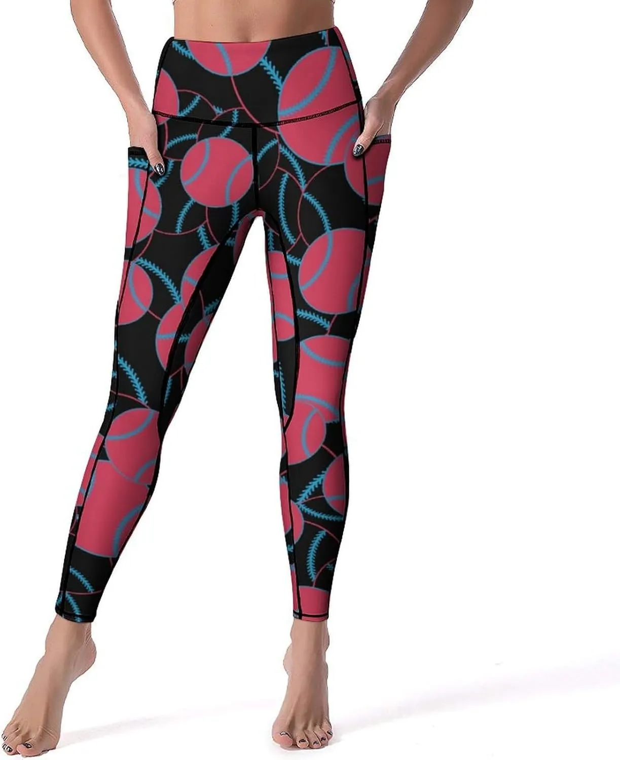Women's Baseball High Waist Yoga Leggings with 2 Pockets Tummy Control Workout Yoga Pants