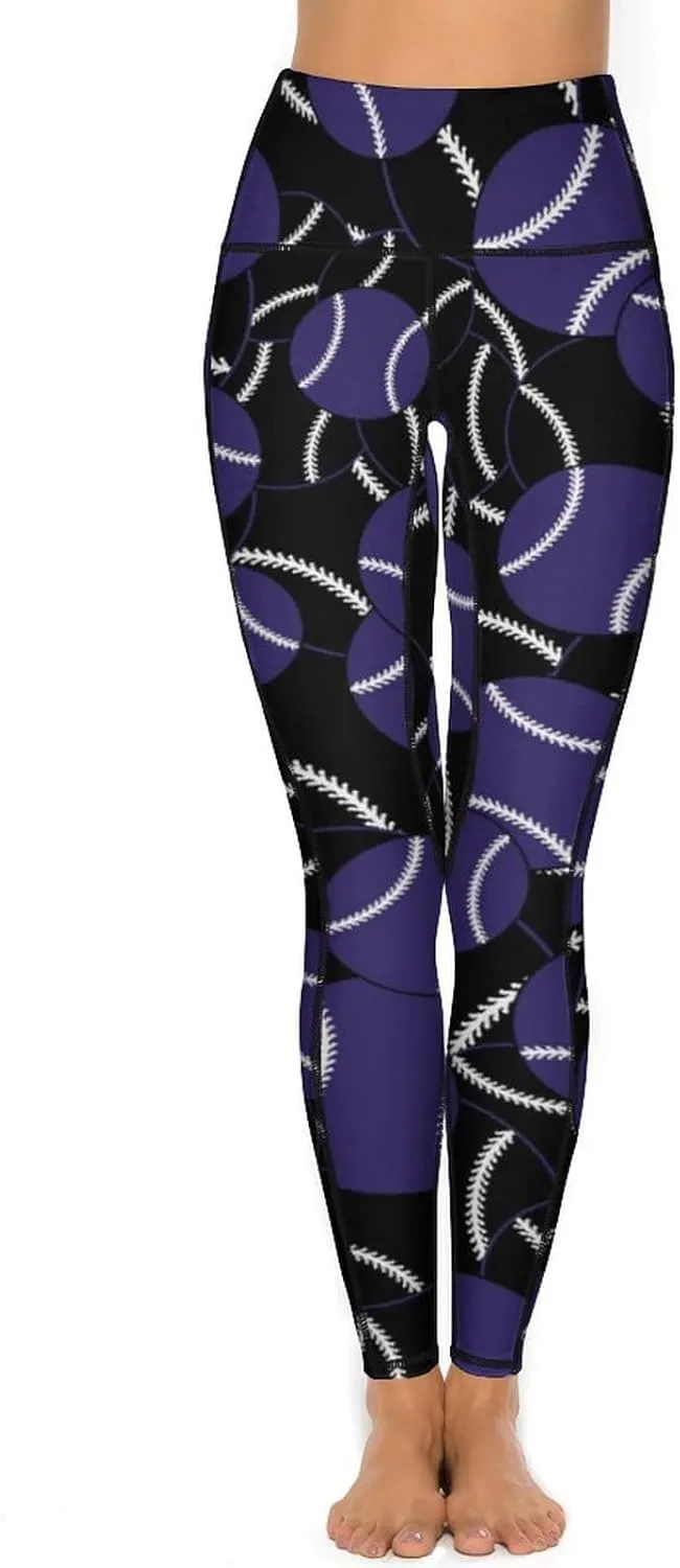 Women's Baseball High Waist Yoga Leggings with 2 Pockets Tummy Control Workout Yoga Pants