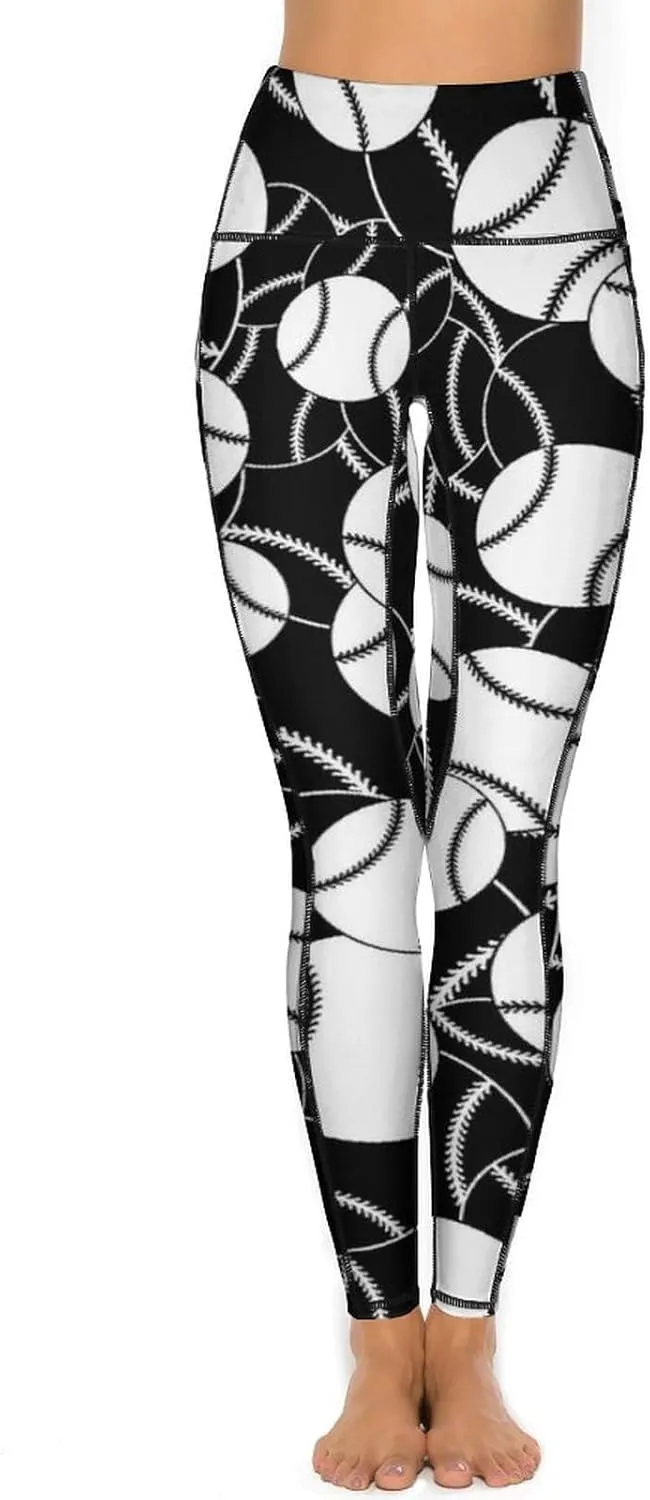 Women's Baseball High Waist Yoga Leggings with 2 Pockets Tummy Control Workout Yoga Pants