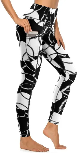 Women's Baseball High Waist Yoga Leggings with 2 Pockets Tummy Control Workout Yoga Pants