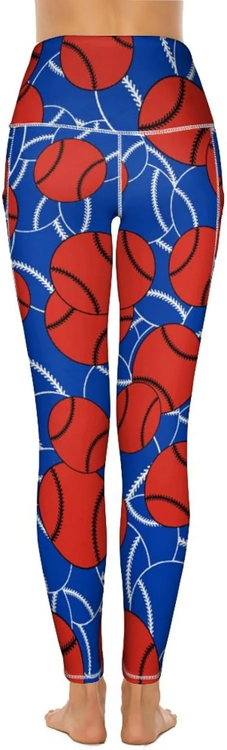 Women's Baseball High Waist Yoga Leggings with 2 Pockets Tummy Control Workout Yoga Pants