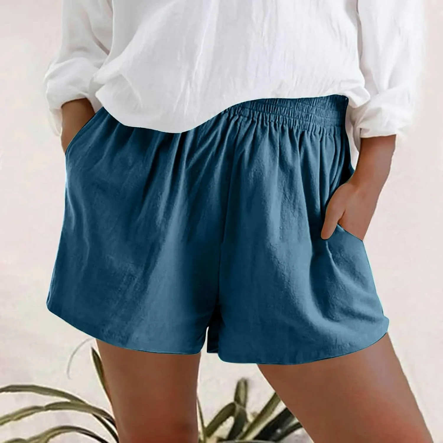 Womens Bermuda Shorts Summer Breathable Elastic Waist Work Trouser Lightweight Linen Blend Vacation Outfits