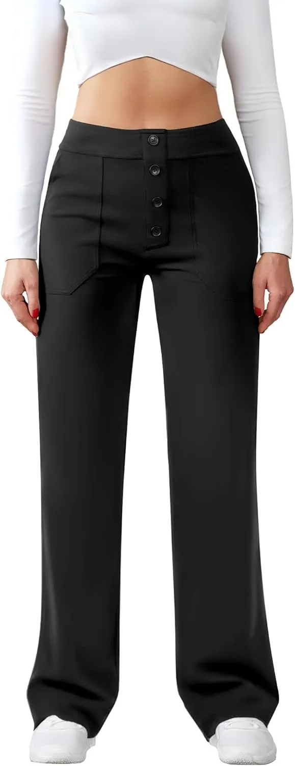 Womens Casual High Waist Straight Leg Pants Stretchy Button Business Dress Work Pocket Trousers
