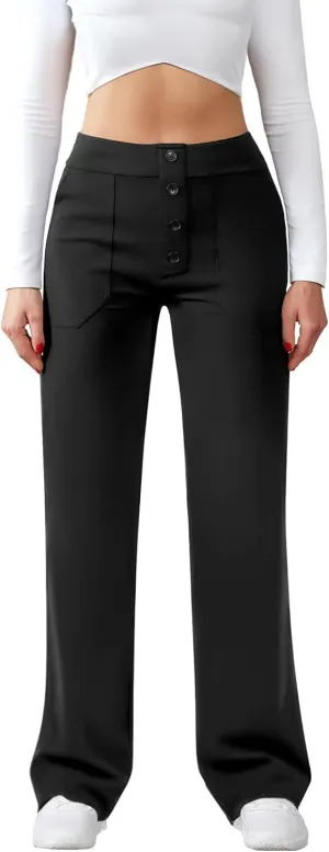 Womens Casual High Waist Straight Leg Pants Stretchy Button Business Dress Work Pocket Trousers
