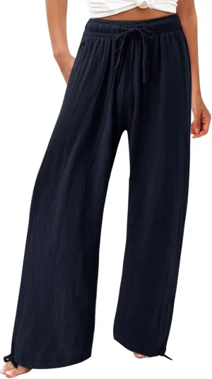 Womens Casual Linen Pants 2025 Lightweight Trendy Summer Relax Fit Elastic Waist Long Palazzo Trousers Plus Size