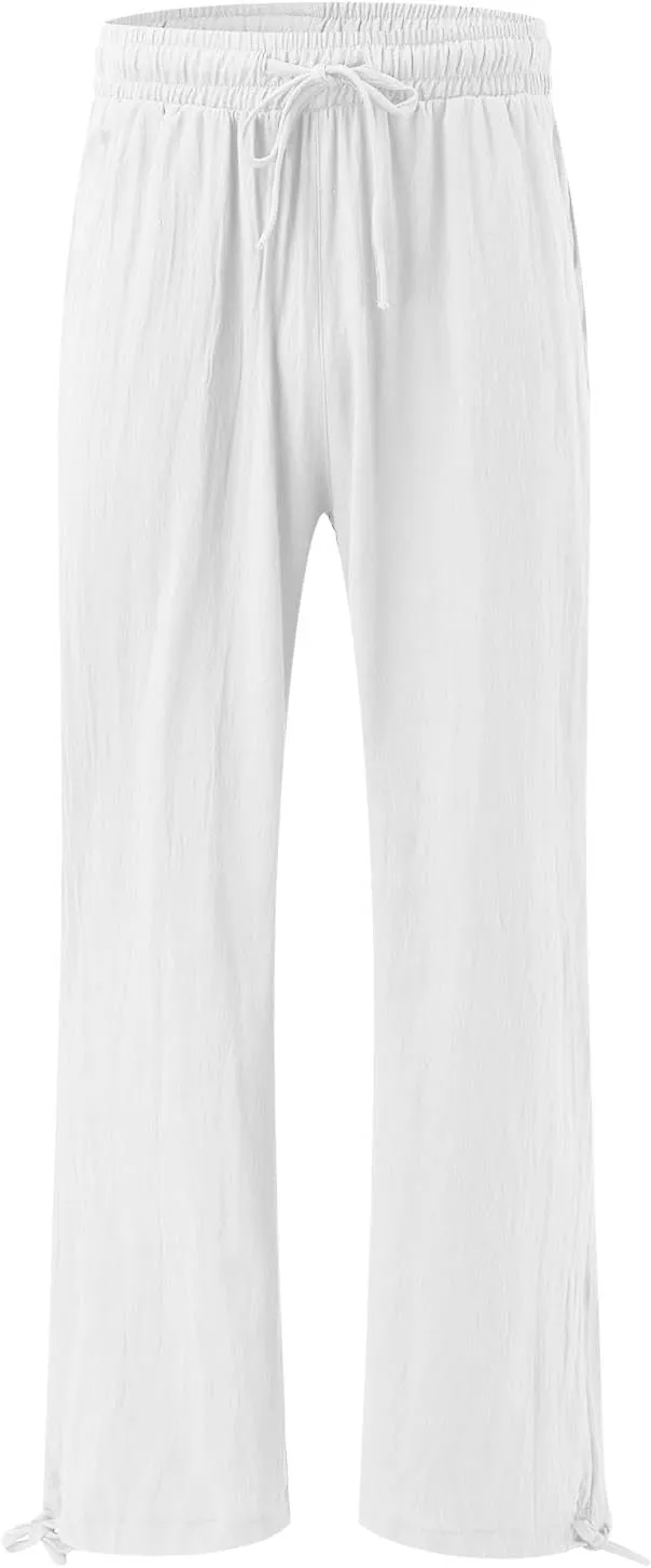 Womens Casual Linen Pants 2025 Lightweight Trendy Summer Relax Fit Elastic Waist Long Palazzo Trousers Plus Size