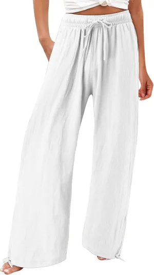 Womens Casual Linen Pants 2025 Lightweight Trendy Summer Relax Fit Elastic Waist Long Palazzo Trousers Plus Size