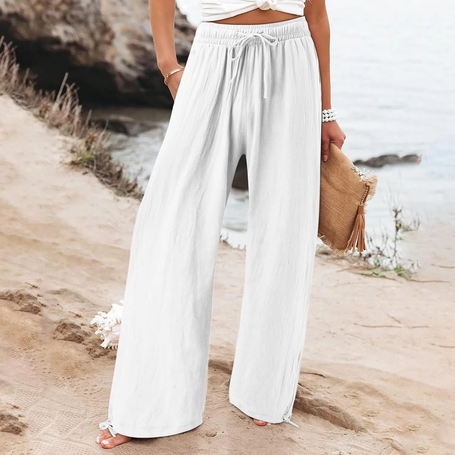 Womens Casual Linen Pants 2025 Lightweight Trendy Summer Relax Fit Elastic Waist Long Palazzo Trousers Plus Size