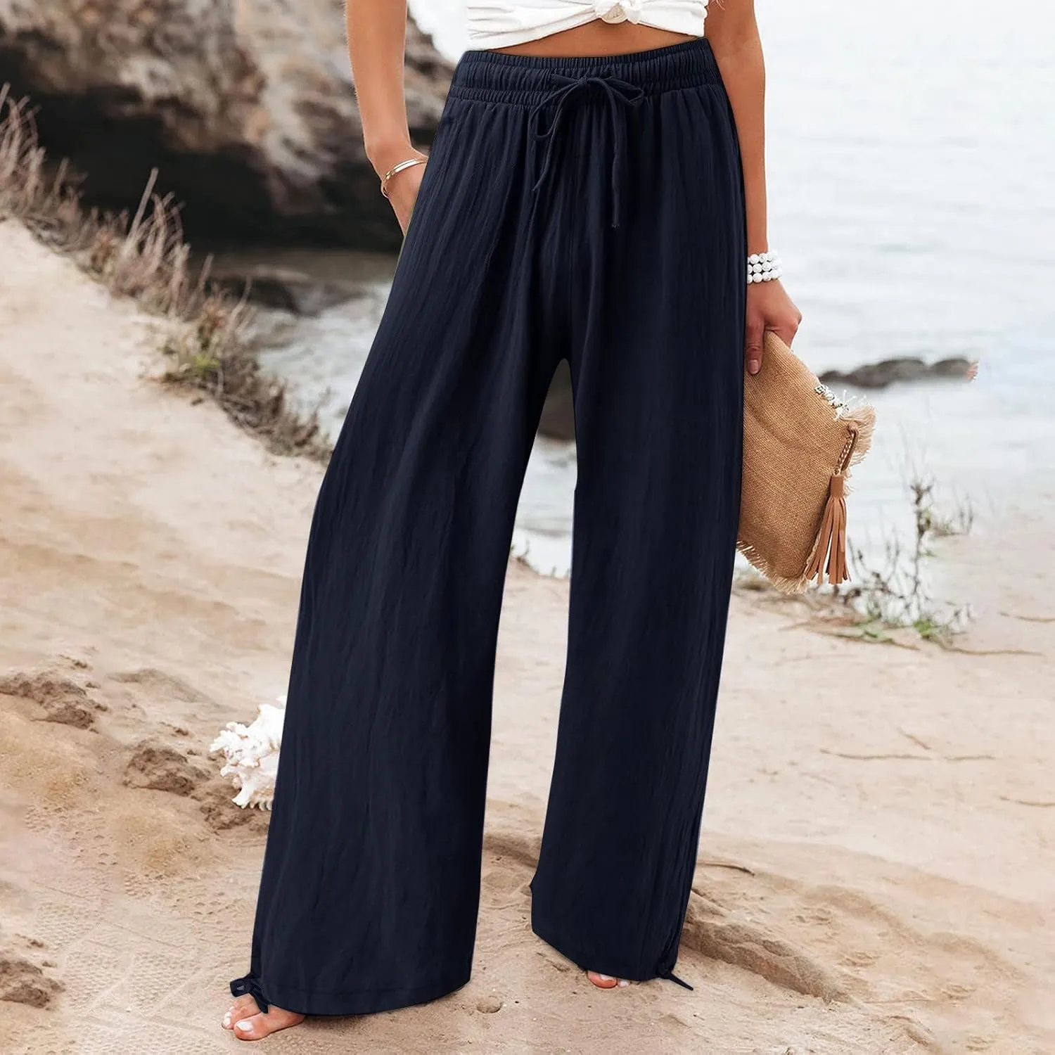 Womens Casual Linen Pants 2025 Lightweight Trendy Summer Relax Fit Elastic Waist Long Palazzo Trousers Plus Size