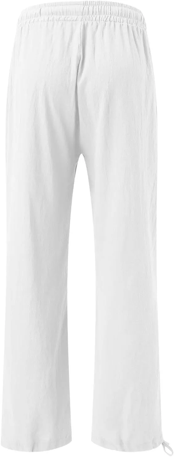 Womens Casual Linen Pants 2025 Lightweight Trendy Summer Relax Fit Elastic Waist Long Palazzo Trousers Plus Size