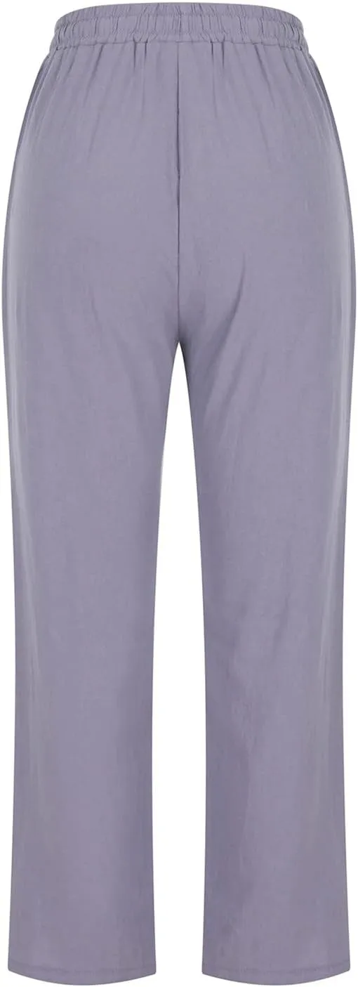 Womens Classic Casual Linen Pants Slim Fit Straight Lounge Comfy Trousers with Drawstring Elastic Waist for Summer