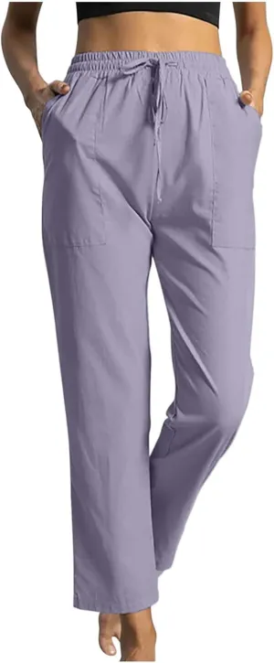 Womens Classic Casual Linen Pants Slim Fit Straight Lounge Comfy Trousers with Drawstring Elastic Waist for Summer