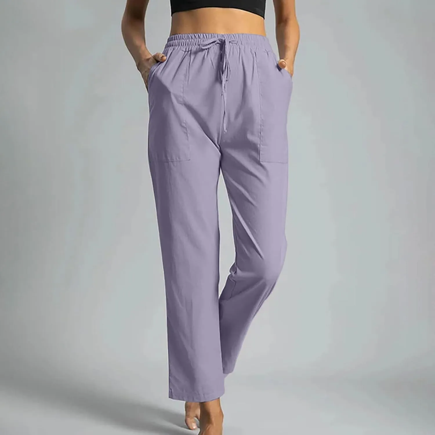Womens Classic Casual Linen Pants Slim Fit Straight Lounge Comfy Trousers with Drawstring Elastic Waist for Summer
