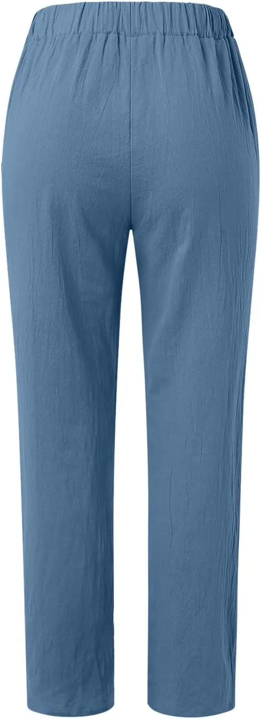 Women's Cotton Linen Pants Summer Casual Loose Elastic High Waisted Wide Leg Trousers Pockets Beach Travel Vacation Clothes