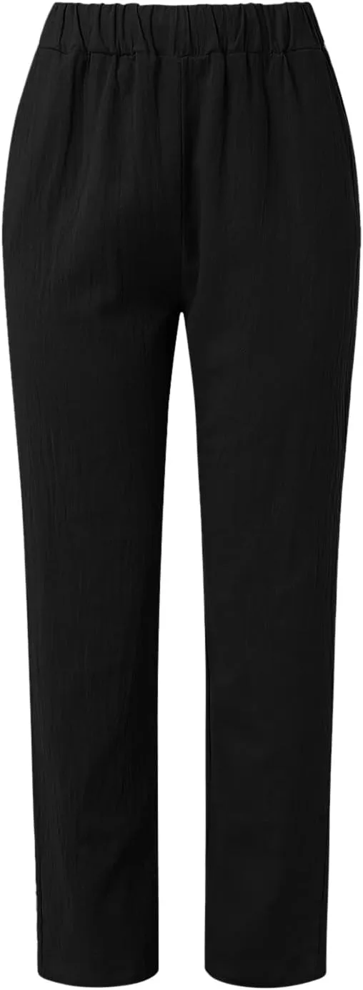 Women's Cotton Linen Pants Summer Casual Loose Elastic High Waisted Wide Leg Trousers Pockets Beach Travel Vacation Clothes