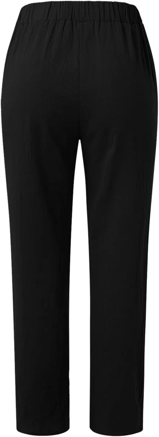 Women's Cotton Linen Pants Summer Casual Loose Elastic High Waisted Wide Leg Trousers Pockets Beach Travel Vacation Clothes