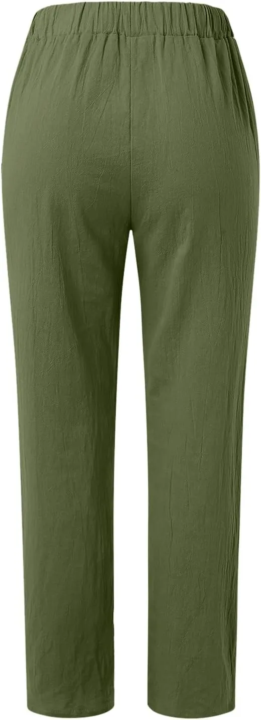 Women's Cotton Linen Pants Summer Casual Loose Elastic High Waisted Wide Leg Trousers Pockets Beach Travel Vacation Clothes