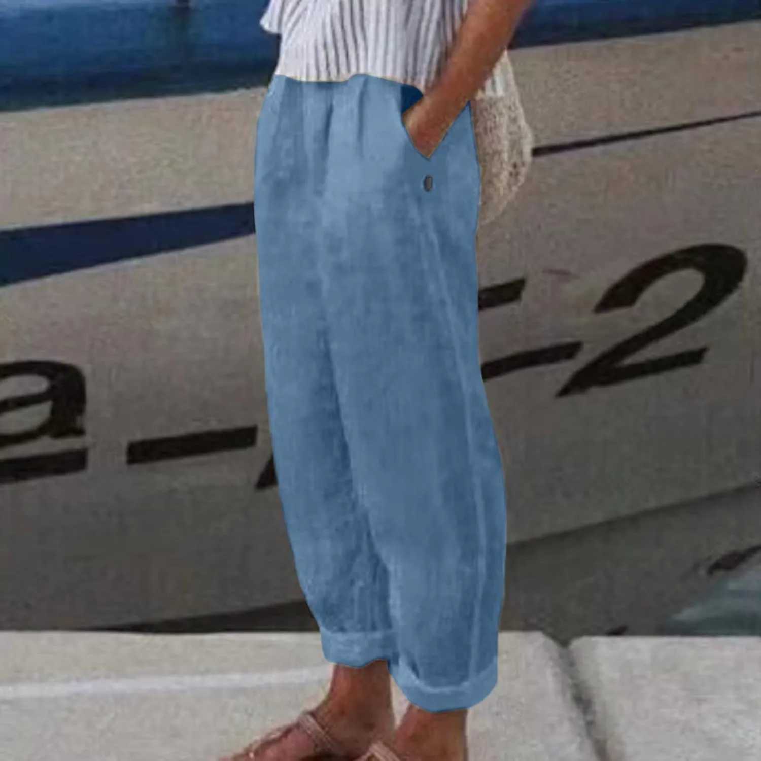 Women's Cotton Linen Pants Summer Casual Loose Elastic High Waisted Wide Leg Trousers Pockets Beach Travel Vacation Clothes