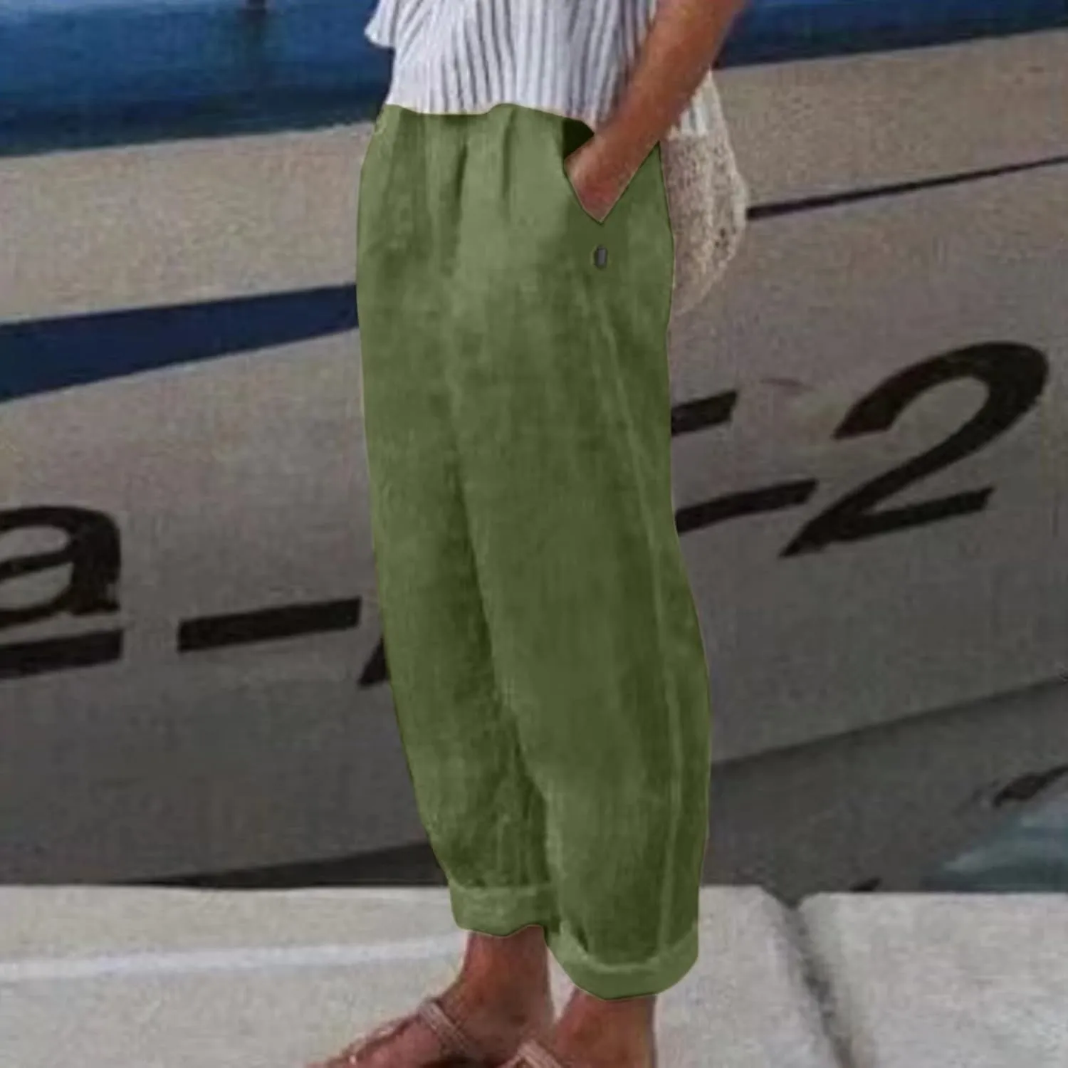 Women's Cotton Linen Pants Summer Casual Loose Elastic High Waisted Wide Leg Trousers Pockets Beach Travel Vacation Clothes