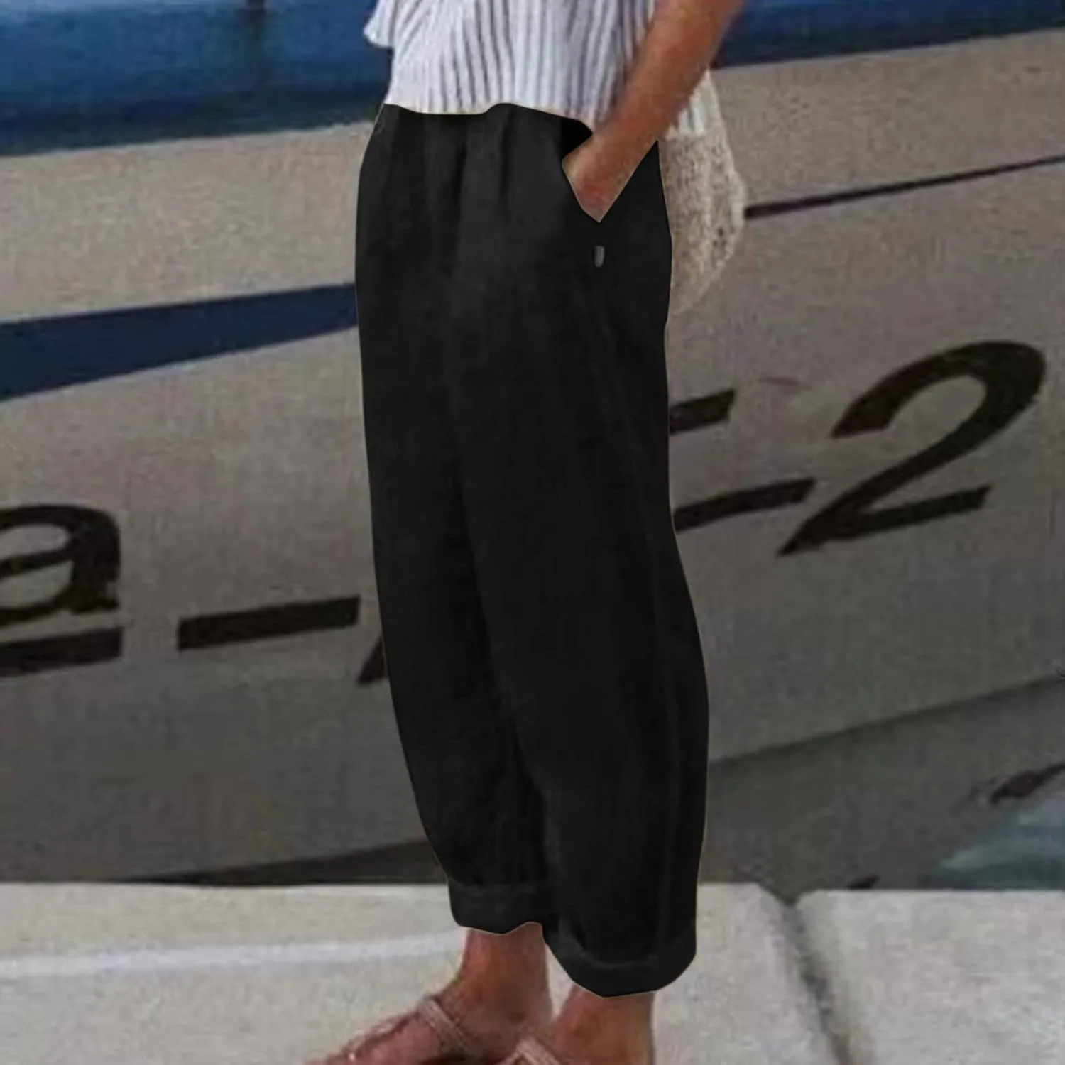 Women's Cotton Linen Pants Summer Casual Loose Elastic High Waisted Wide Leg Trousers Pockets Beach Travel Vacation Clothes