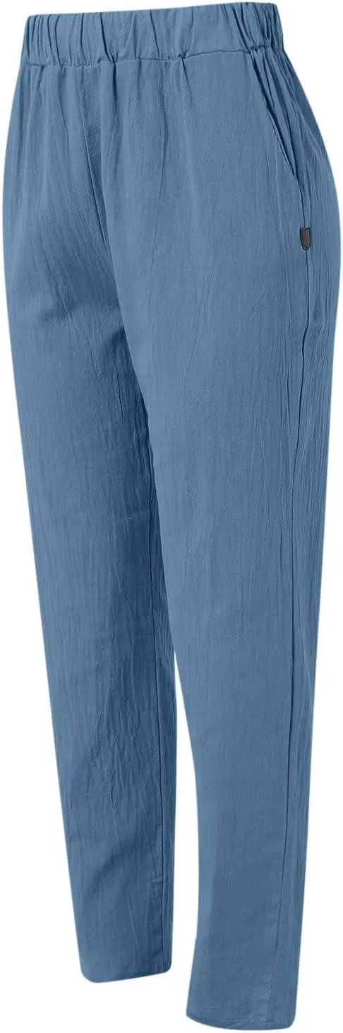 Women's Cotton Linen Pants Summer Casual Loose Elastic High Waisted Wide Leg Trousers Pockets Beach Travel Vacation Clothes