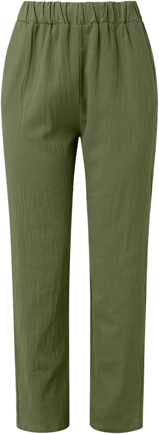 Women's Cotton Linen Pants Summer Casual Loose Elastic High Waisted Wide Leg Trousers Pockets Beach Travel Vacation Clothes