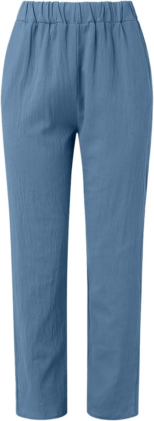Women's Cotton Linen Pants Summer Casual Loose Elastic High Waisted Wide Leg Trousers Pockets Beach Travel Vacation Clothes