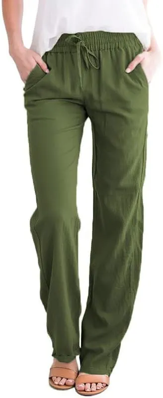 Women's Drawstring Elastic High Waist Trousers Solid Casual Loose Wide Leg Pants with Pockets
