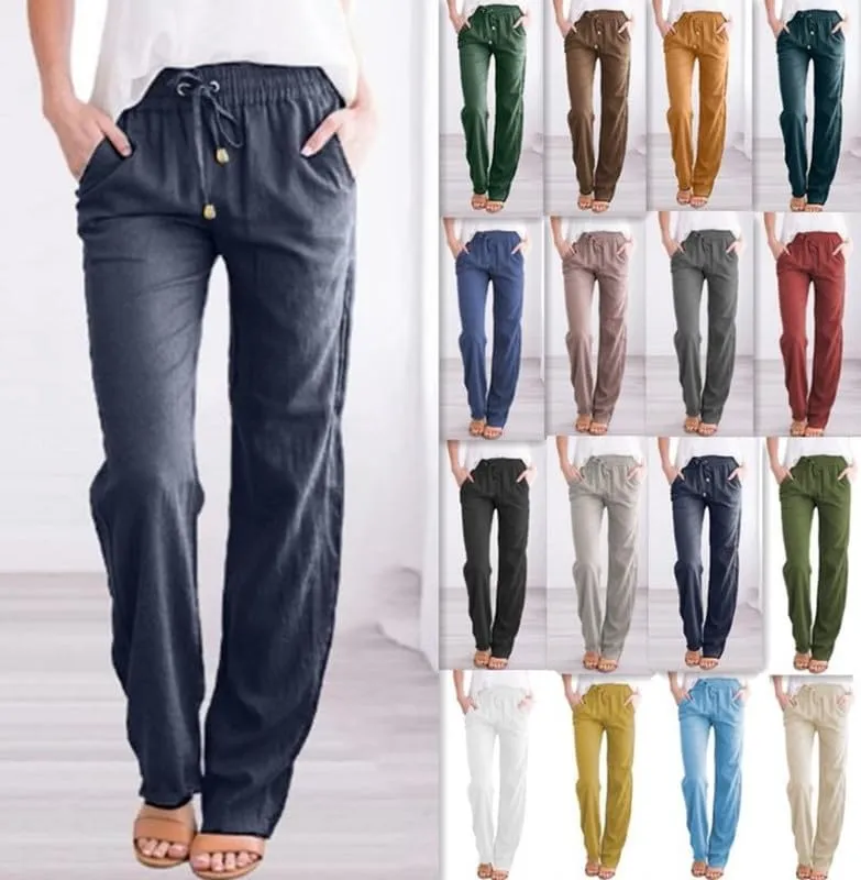 Women's Drawstring Elastic High Waist Trousers Solid Casual Loose Wide Leg Pants with Pockets