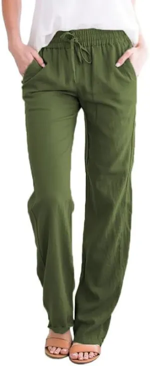 Women's Drawstring Elastic High Waist Trousers Solid Casual Loose Wide Leg Pants with Pockets