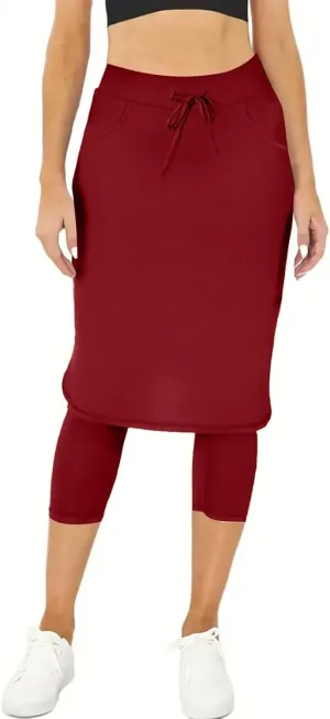 Womens Golf Skirts with Leggings, Knee Length Tennis Skorts with Pockets Stretchy Waisted Long Skorts with Yoga Pants
