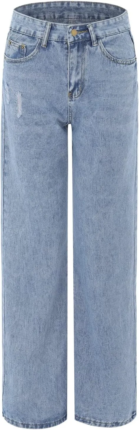 Womens Jeans High Waisted Straight Wide Leg Denim Pants Caual Loose Trousers Caual Loose Denim Pants with Pockets Streetwear