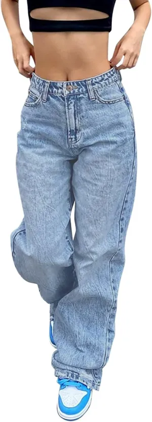 Womens Jeans High Waisted Straight Wide Leg Denim Pants Caual Loose Trousers Caual Loose Denim Pants with Pockets Streetwear