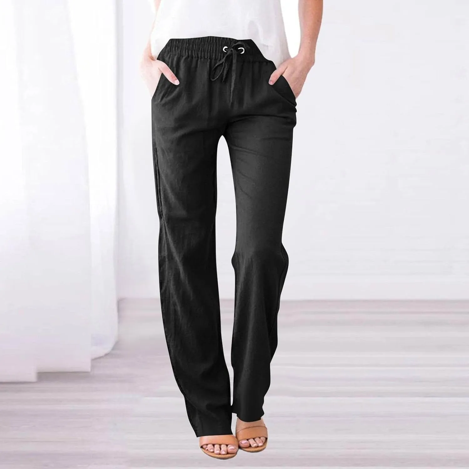 Womens Linen High Waist Pants Drawstring Wide Leg Loose Fit Summer Pants Trousers with Side Pockets