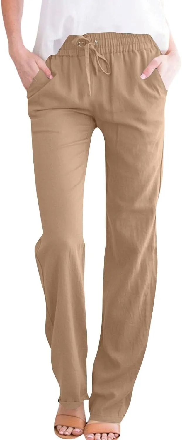 Womens Linen High Waist Pants Drawstring Wide Leg Loose Fit Summer Pants Trousers with Side Pockets