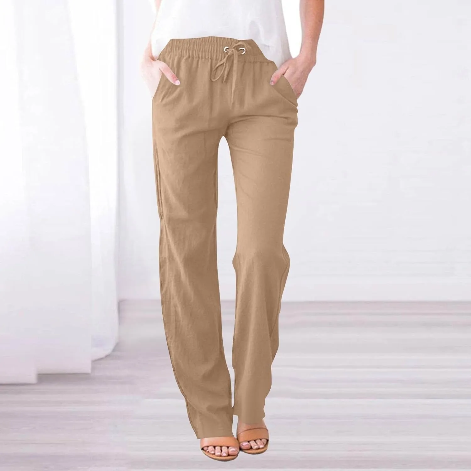 Womens Linen High Waist Pants Drawstring Wide Leg Loose Fit Summer Pants Trousers with Side Pockets