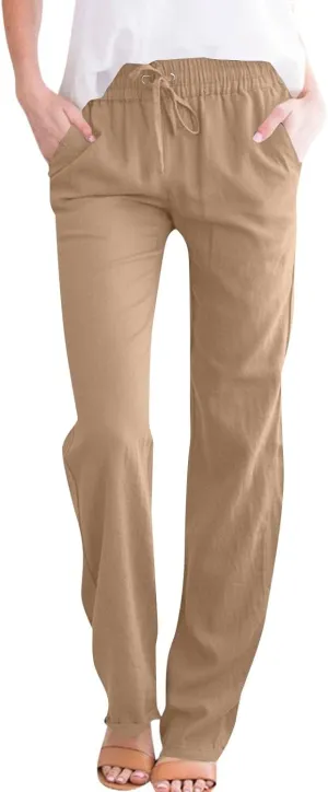 Womens Linen High Waist Pants Drawstring Wide Leg Loose Fit Summer Pants Trousers with Side Pockets