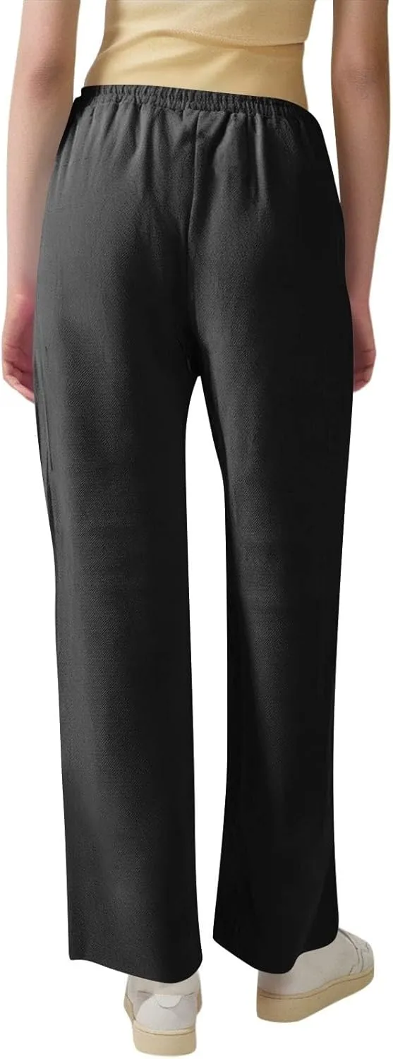 Womens Linen High Waist Pants Drawstring Wide Leg Loose Fit Summer Pants Trousers with Side Pockets