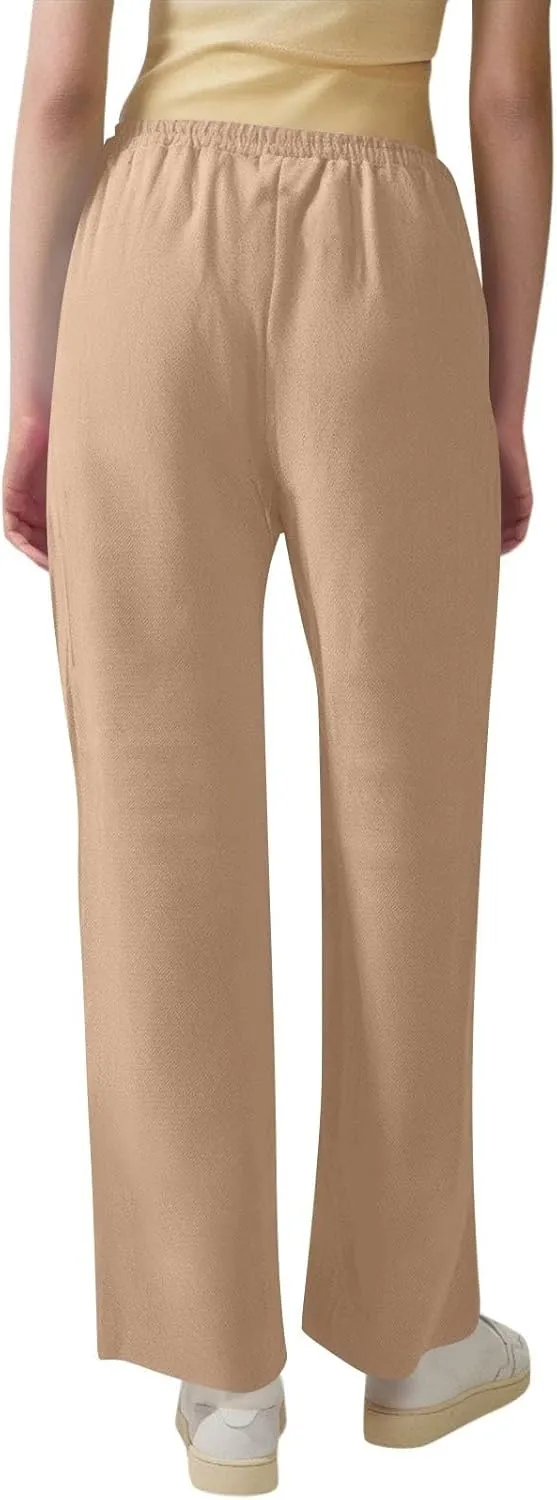 Womens Linen High Waist Pants Drawstring Wide Leg Loose Fit Summer Pants Trousers with Side Pockets