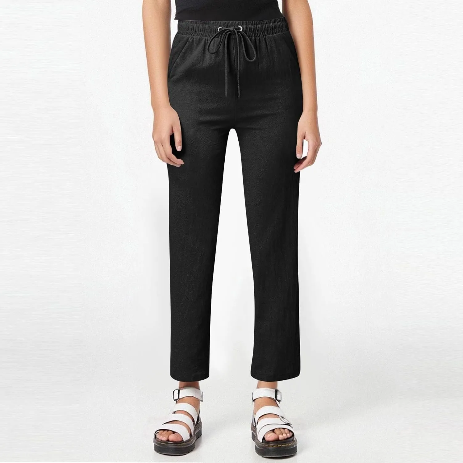 Womens Linen High Waist Pants Drawstring Wide Leg Loose Fit Summer Pants Trousers with Side Pockets