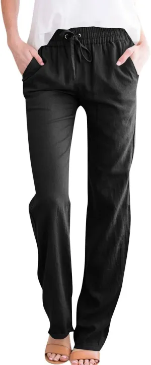 Womens Linen High Waist Pants Drawstring Wide Leg Loose Fit Summer Pants Trousers with Side Pockets