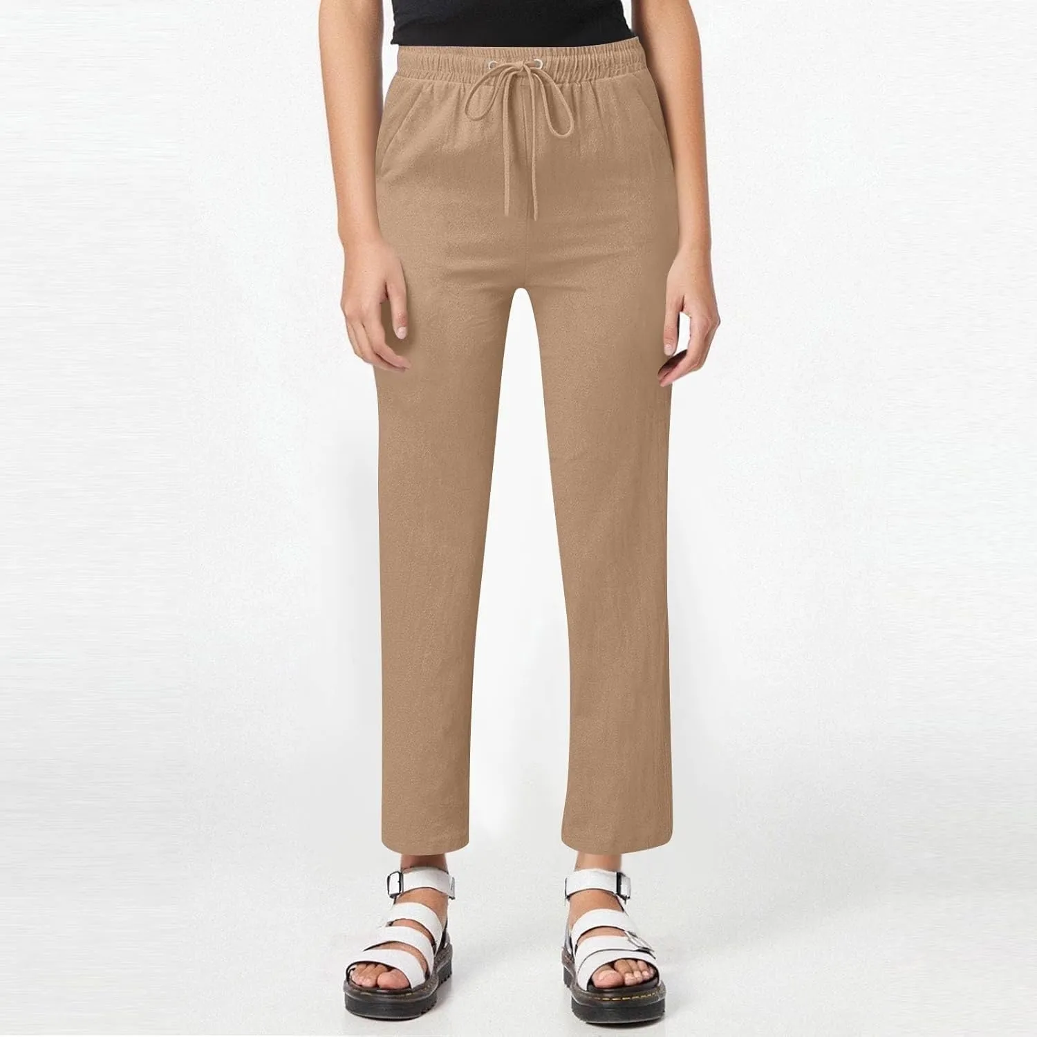 Womens Linen High Waist Pants Drawstring Wide Leg Loose Fit Summer Pants Trousers with Side Pockets
