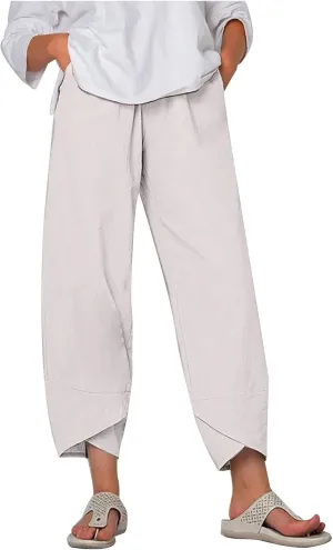 Womens Linen Pants Capri Boho Wide Leg Pant Summer Flowy Vintage Floral Dandelion Cotton Cropped Trousers with Pockets