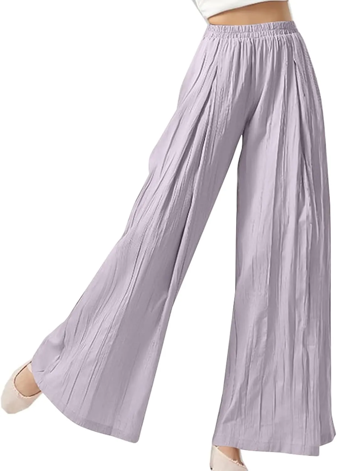 Women's Linen Pants Elastic High Waisted Pull on Palazzo Pants with Pockets Ralexed Fit Casual Flowy Summer Pants