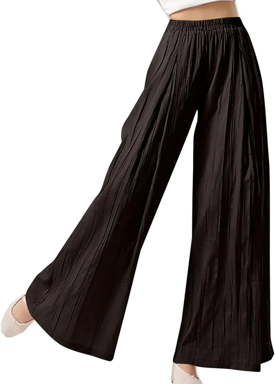 Women's Linen Pants Elastic High Waisted Pull on Palazzo Pants with Pockets Ralexed Fit Casual Flowy Summer Pants