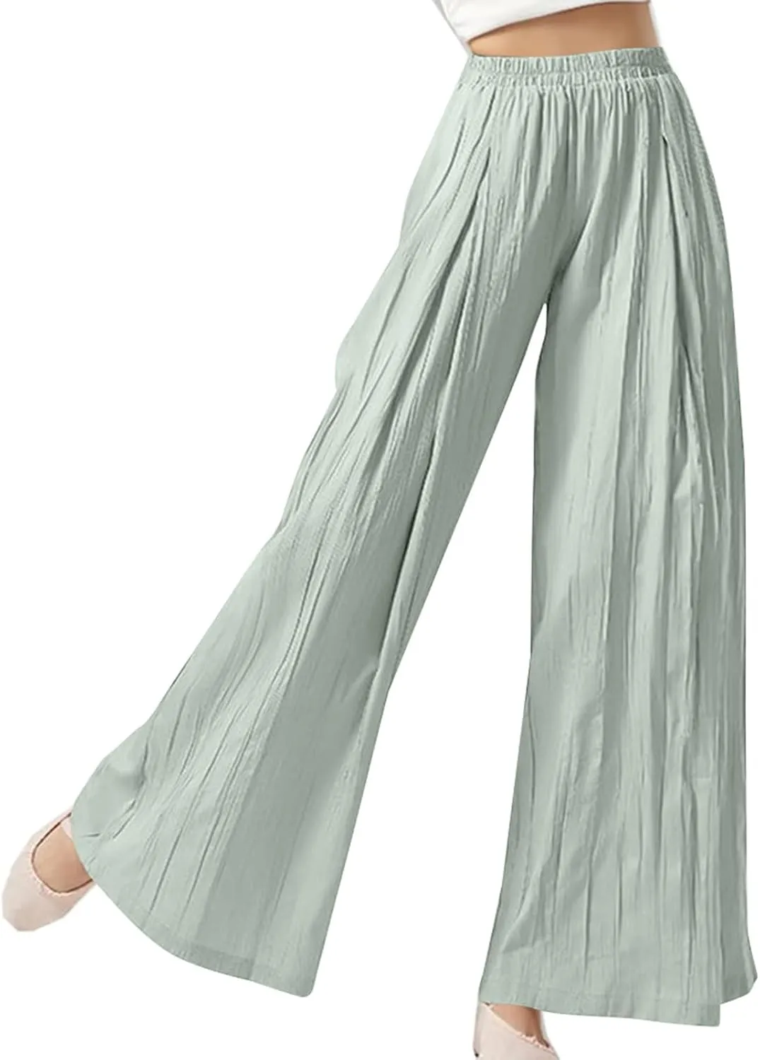 Women's Linen Pants Elastic High Waisted Pull on Palazzo Pants with Pockets Ralexed Fit Casual Flowy Summer Pants