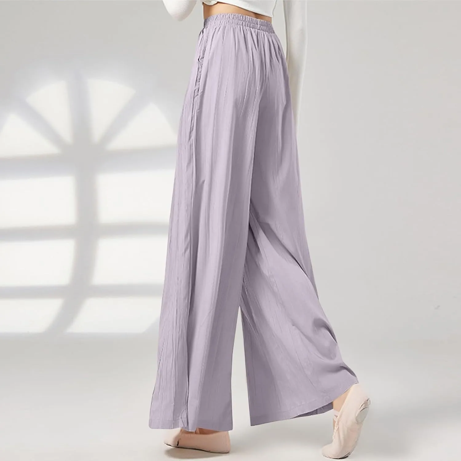 Women's Linen Pants Elastic High Waisted Pull on Palazzo Pants with Pockets Ralexed Fit Casual Flowy Summer Pants